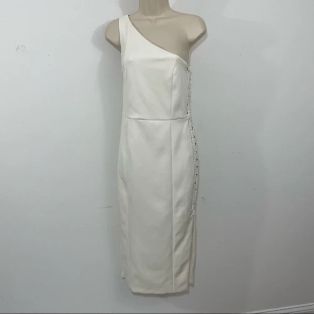MISHA strech lace up sides midi dress one shoulder white size medium M cut out - Picture 2 of 15